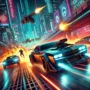 Fastlane: Road to Revenge high-speed car chase on a neon-lit highway. Armored muscle car dodging explosions and firing weapons in an intense action-packed racing battle.