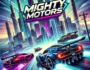 Experience thrilling high-speed car races in Mighty Motors. Futuristic city with neon lights and sleek cars navigating sharp turns. A dynamic racing game concept with vibrant colors and exciting visuals.