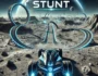 Moon City Stunt game featuring a futuristic car performing extreme stunts on a lunar track with low gravity, ramps, and loops, set against the backdrop of space and Earth.