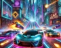Mr Racer - Car Racing game scene showcasing high-speed sports cars with neon underglows racing through a futuristic city at night. The elevated track features glowing speed boosts, dramatic explosions, and a vibrant skyline, creating an electrifying racing experience.