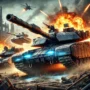 Call of Tanks game scene showcasing a fierce tank battle on a destroyed battlefield with explosions, smoke, and armored tanks in combat. The game title is prominently displayed with rugged, metallic lettering.