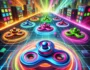 Spinner.io game scene featuring fast-paced action with neon-colored spinners battling in a vibrant arena. The spinners leave light trails as they spin at high speeds, navigating through glowing obstacles in an energetic, dynamic environment.