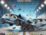 High-speed car crash test with airbags deploying, showing vehicle safety and crash simulation. Car impact with crumpled metal and shattered glass in a controlled environment. 'Car Crash Test' game title displayed.