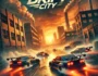 Post-apocalyptic street racing scene with high-speed cars drifting through abandoned urban streets. The vehicles leave glowing tire tracks, racing under a dramatic fiery sky. 'Crowd Drift City' game title displayed.
