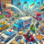 Funny and chaotic delivery racing game visual, showcasing delivery vehicles wildly navigating crowded city streets, humorous mishaps with dropped packages and vibrant cartoon-style graphics.