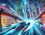 Futuristic speedboats racing through neon-lit urban waterways in the thrilling racing game Water City Racers.