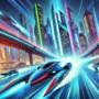 Futuristic speedboats racing through neon-lit urban waterways in the thrilling racing game Water City Racers.