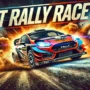 High-speed rally racing car drifting on a dirt track with dramatic dust clouds, showcasing thrilling motorsport action in T RALLY Race game.