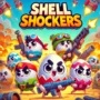 Shell Shockers action game featuring egg-shaped characters with guns in a vibrant battlefield. The title 'Shell Shockers' in bold font stands out in this dynamic game illustration.