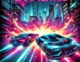 Futuristic car battle in a neon-lit cityscape, featuring intense car combat with explosions and sparks. 'CarFight.io' title displayed in bold, glowing font. A cyberpunk-inspired game with high-speed action and futuristic cars.