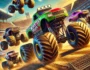 Exciting Monster Truck Race with vibrant trucks, large wheels, and thrilling stunts on a dirt track, featuring the game title 'On Air Monster Truck Race' for a high-energy adventure.