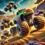 Exciting Monster Truck Race with vibrant trucks, large wheels, and thrilling stunts on a dirt track, featuring the game title 'On Air Monster Truck Race' for a high-energy adventure.