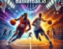 Basketball game scene featuring two players on the court dribbling and shooting, with vibrant crowd and bright lights. 'Basketball.io' game title displayed prominently. A dynamic, action-packed basketball experience for online gamers.