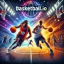 Basketball game scene featuring two players on the court dribbling and shooting, with vibrant crowd and bright lights. 'Basketball.io' game title displayed prominently. A dynamic, action-packed basketball experience for online gamers.