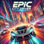 Epic City Driver game visual showcasing a futuristic sports car speeding through a neon-lit cityscape. The image captures the essence of high-speed racing in an urban environment with vibrant skyscrapers and dynamic motion.
