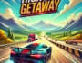 Highway Getaway racing game scene with fast car speeding on a highway. Dynamic motion blur effects show the thrilling action of the game, with mountains and a clear sky in the background. The game title 'Highway Getaway' is prominently displayed.