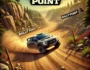 Rally Point off-road racing game scene with a rally car speeding through a rugged track, dirt and rocks flying, and a challenging hilly terrain. The image features the game's title in bold racing font.