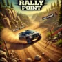 Rally Point off-road racing game scene with a rally car speeding through a rugged track, dirt and rocks flying, and a challenging hilly terrain. The image features the game's title in bold racing font.