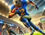Action-packed football scene from the game 'Return Man 2' featuring a player in blue and yellow uniform, sprinting past tackles. The image captures the excitement of American football in a stadium setting.