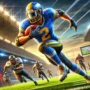 Action-packed football scene from the game 'Return Man 2' featuring a player in blue and yellow uniform, sprinting past tackles. The image captures the excitement of American football in a stadium setting.