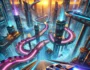Crazy Descent game thrilling downhill race in a futuristic city with neon lights, floating platforms, and high-speed vehicles. Experience an electrifying environment with sparks, explosions, and dramatic motion blur. Vibrant lightning streaks in the sky add intensity to this high-octane racing scene.