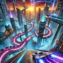 Crazy Descent game thrilling downhill race in a futuristic city with neon lights, floating platforms, and high-speed vehicles. Experience an electrifying environment with sparks, explosions, and dramatic motion blur. Vibrant lightning streaks in the sky add intensity to this high-octane racing scene.