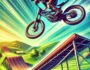 Bike ramp jump action in mid-air, showcasing an exciting stunt with a rider in protective gear. A vibrant outdoor backdrop with green hills and a bright blue sky. The scene captures the thrill of extreme sports, featuring the 'Ramp Bike Jumping' title.