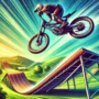 Bike ramp jump action in mid-air, showcasing an exciting stunt with a rider in protective gear. A vibrant outdoor backdrop with green hills and a bright blue sky. The scene captures the thrill of extreme sports, featuring the 'Ramp Bike Jumping' title.