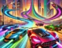 Crazy Cars racing game featuring high-speed cars on a neon-lit track with futuristic cityscape, dynamic motion effects, and thrilling race environment.