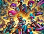 Exciting and vibrant kart racing action in 'Kart Hooligans' game. Diverse characters race on a thrilling track filled with obstacles, each with unique personalities and high-speed karts. The game title is prominently displayed in bold letters, offering a rebellious and fun vibe.