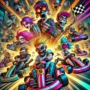Exciting and vibrant kart racing action in 'Kart Hooligans' game. Diverse characters race on a thrilling track filled with obstacles, each with unique personalities and high-speed karts. The game title is prominently displayed in bold letters, offering a rebellious and fun vibe.