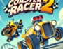 Futuristic racing scene with neon-lit track, glowing city background, and high-speed race cars. Experience the adrenaline of a dynamic racing environment with intense lights and sleek vehicles on a futuristic rollercoaster track.