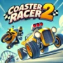 Futuristic racing scene with neon-lit track, glowing city background, and high-speed race cars. Experience the adrenaline of a dynamic racing environment with intense lights and sleek vehicles on a futuristic rollercoaster track.