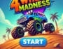 4 Wheel Madness splash screen featuring a monster truck driving through a desert terrain with vibrant colors. The game title and action buttons for 'Start', 'More Games', and 'High Scores' are prominently displayed, perfect for off-road racing game enthusiasts.