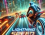 Futuristic high-speed racing game 'Lightning Speed' with neon cityscape and sleek vehicles in motion. A thrilling racing game featuring fast cars, futuristic streets, and advanced technology.
