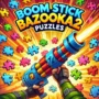 Boom Stick Bazooka 2 Puzzles game featuring a dynamic and action-packed puzzle scene with vibrant colors, bazooka, and puzzle pieces exploding in the background. Playful font displaying the game title.