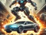 A futuristic city battle scene showing a car mid-transformation into a fighting robot, representing a car robot transformation game.