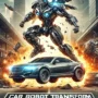 A futuristic city battle scene showing a car mid-transformation into a fighting robot, representing a car robot transformation game.