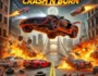 Explosive car crash racing scene from Burnin' Rubber Crash N Burn game with flying sports cars, fire, and destruction in a city street.