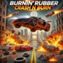 Explosive car crash racing scene from Burnin' Rubber Crash N Burn game with flying sports cars, fire, and destruction in a city street.