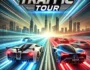 High-speed racing game scene with fast cars on a highway, featuring blurred motion effects, neon city lights, and the game title 'Traffic Tour' in bold, modern font. Experience the adrenaline rush of traffic racing in a thrilling urban environment.