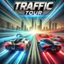 High-speed racing game scene with fast cars on a highway, featuring blurred motion effects, neon city lights, and the game title 'Traffic Tour' in bold, modern font. Experience the adrenaline rush of traffic racing in a thrilling urban environment.