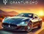High-performance Maserati Granturismo sports car speeding down an open road with a scenic sunset background, showcasing luxury design and power. Ideal for enthusiasts of premium sports cars and high-speed driving games.