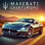 High-performance Maserati Granturismo sports car speeding down an open road with a scenic sunset background, showcasing luxury design and power. Ideal for enthusiasts of premium sports cars and high-speed driving games.