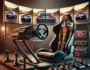 Real GT Racing Simulator high-end gaming setup with steering wheel, racing seat, and multiple screens showing a car racing game, perfect for immersive gaming experiences.
