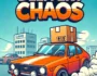 Cartoon-style game cover with orange retro delivery car drifting in city, Delivery Chaos mobile game illustration