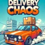 Cartoon-style game cover with orange retro delivery car drifting in city, Delivery Chaos mobile game illustration