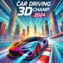 3D car racing game featuring a sleek sports car speeding on a futuristic race track surrounded by tall skyscrapers. The vibrant scene captures high-speed motion blur, emphasizing the thrill of racing. The title 'Car Driving 3D Champ 2024' is prominently displayed in bold letters. Ideal for fans of car racing games and 3D racing experiences.