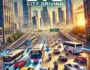 Dynamic city driving scene showcasing various vehicles like cars, motorcycles, and buses on busy urban streets. Modern skyscrapers line the backdrop with clear skies. The image captures the essence of high-speed city driving gameplay, perfect for gamers looking for a thrilling driving experience. EVO City Driving game title is prominently displayed.