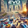 Dynamic city driving scene showcasing various vehicles like cars, motorcycles, and buses on busy urban streets. Modern skyscrapers line the backdrop with clear skies. The image captures the essence of high-speed city driving gameplay, perfect for gamers looking for a thrilling driving experience. EVO City Driving game title is prominently displayed.